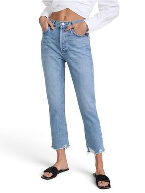 Agolde Jeans. Agolde Riley Distressed Crop Light Blue Denim Button Closure.